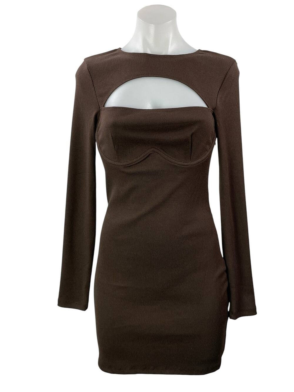 Princess Polly Brown Long Sleeve Ribbed Knit Square Neck Mini Bodycon Dress 6
